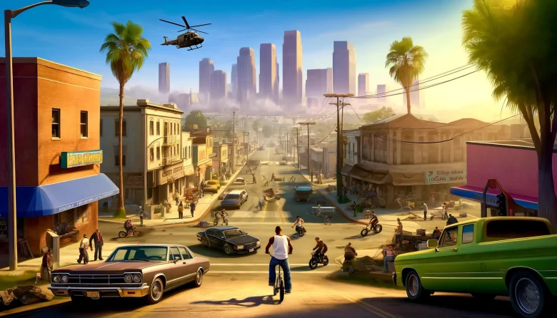 AI A visually stunning image showcasing a modernized version of GTA San Andreas using GTA 4's RAGE engine. The scene should feature the iconic San Andrea
