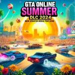 Rockstar Games announcing the GTA Online Summer DLC 2024. The image features vibrant summer-themed visuals, including a bustli