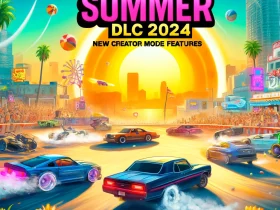 Rockstar Games announcing the GTA Online Summer DLC 2024. The image features vibrant summer-themed visuals, including a bustli