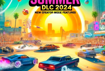 Rockstar Games announcing the GTA Online Summer DLC 2024. The image features vibrant summer-themed visuals, including a bustli