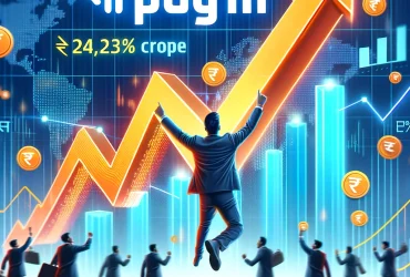 A dynamic stock market scene showing a graph with Paytm's stock price surging by 10%. The background includes the Paytm logo prominently displayed, wi