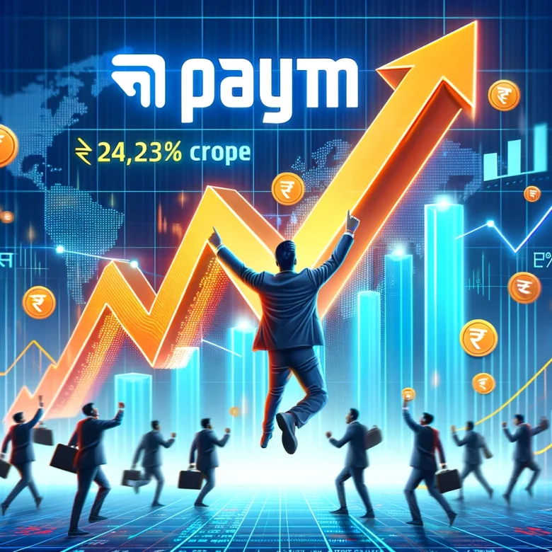 A dynamic stock market scene showing a graph with Paytm's stock price surging by 10%. The background includes the Paytm logo prominently displayed, wi