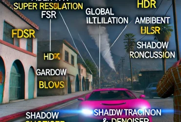 GTA 6 Launch detailed image showcasing the excitement around GTA 6 leaks. The image should highlight advanced game features like FidelityFX Super Resolution (FSR