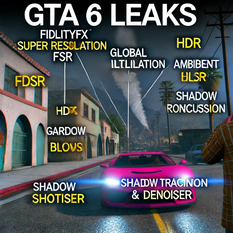 GTA 6 Launch detailed image showcasing the excitement around GTA 6 leaks. The image should highlight advanced game features like FidelityFX Super Resolution (FSR