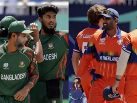 Bangladesh (left) and Netherlands (right) cricket teams