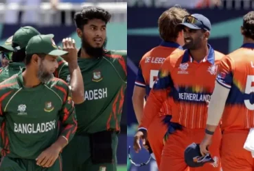 Bangladesh (left) and Netherlands (right) cricket teams